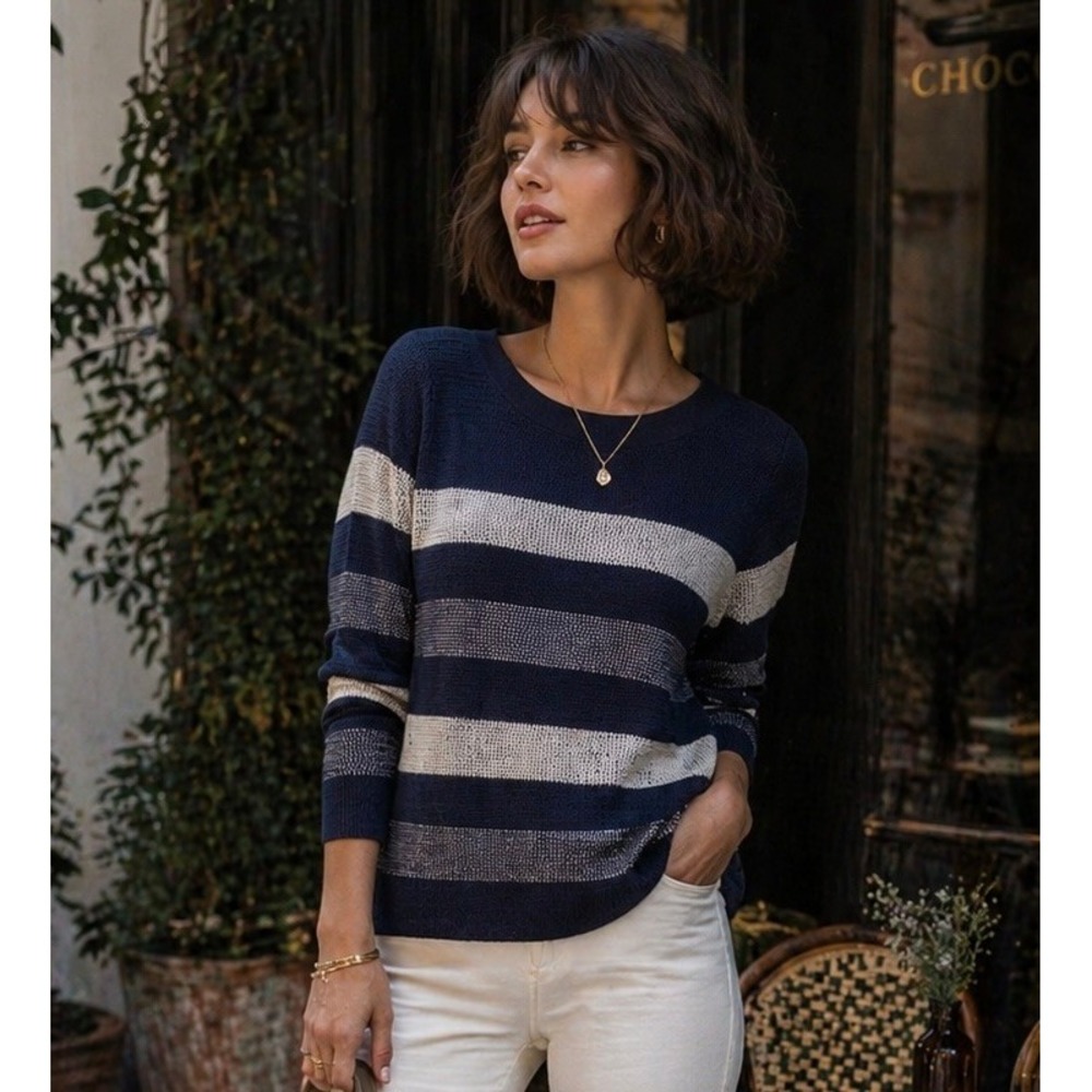Market & Spruce Navy Blue White Striped Textured Knit French Girl Sweater / SZ L